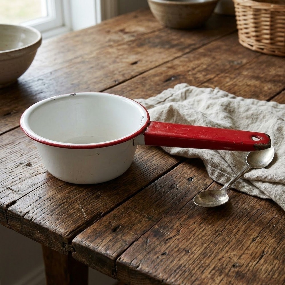 Vintage Enamelware Small Saucepan White Red Rim Farmhouse Rustic Dipper 9.5 inch